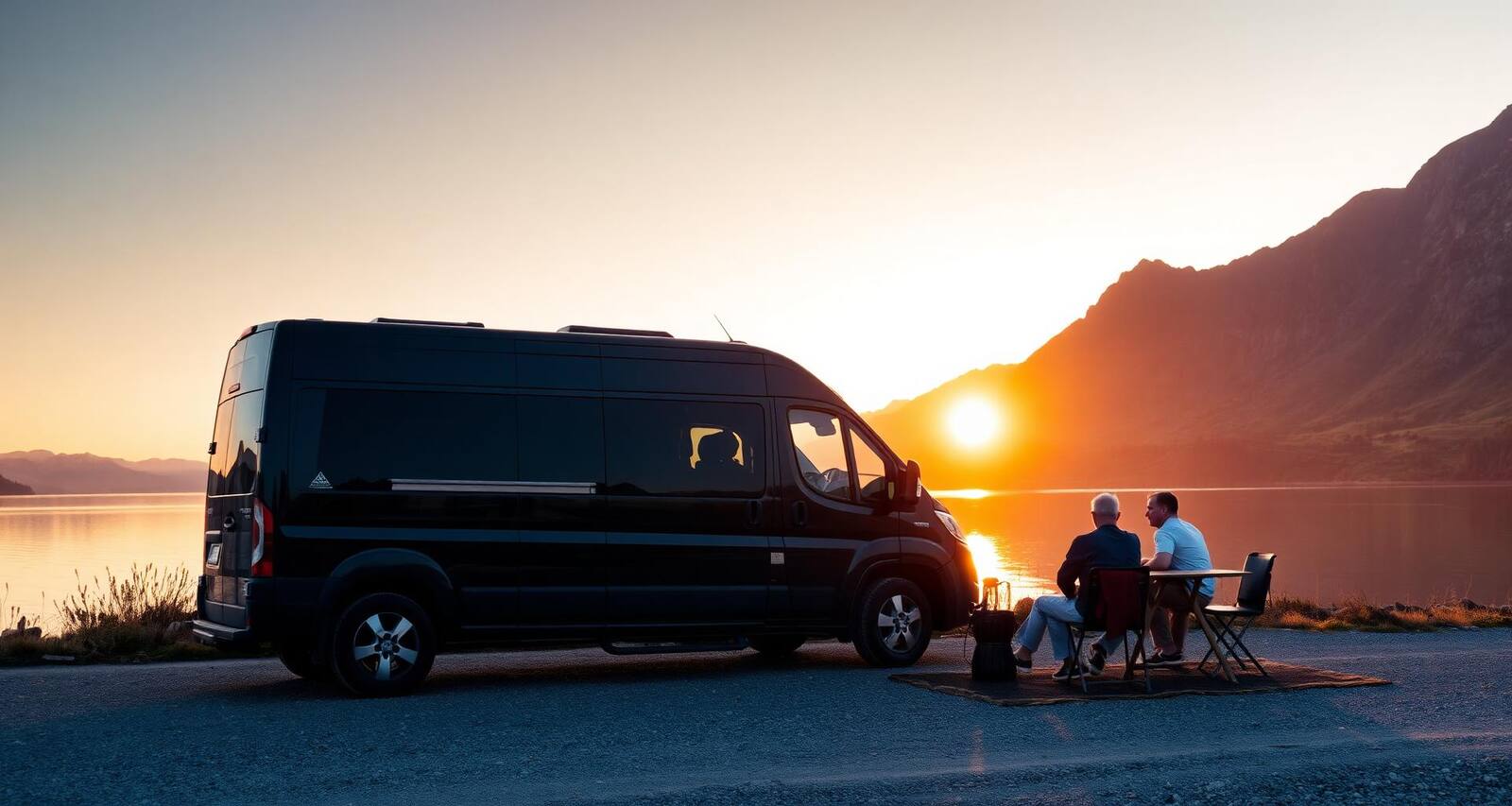 Reisemobil am Bergsee bei Sonnenuntergang