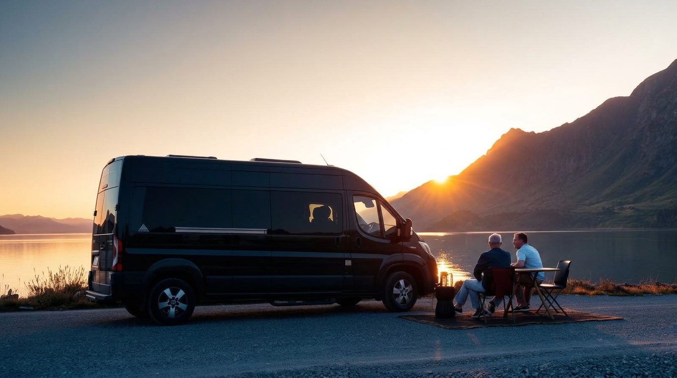 Reisemobil am Bergsee bei Sonnenuntergang